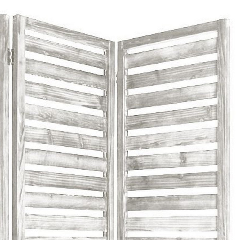 3 Panel Foldable Wooden Screen with Slatted Design, Weatherd White - BM233451