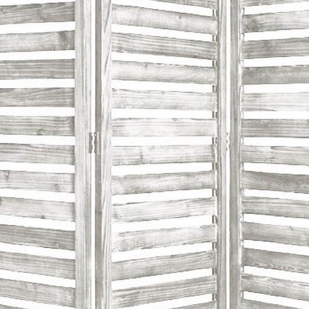 3 Panel Foldable Wooden Screen with Slatted Design, Weatherd White - BM233451