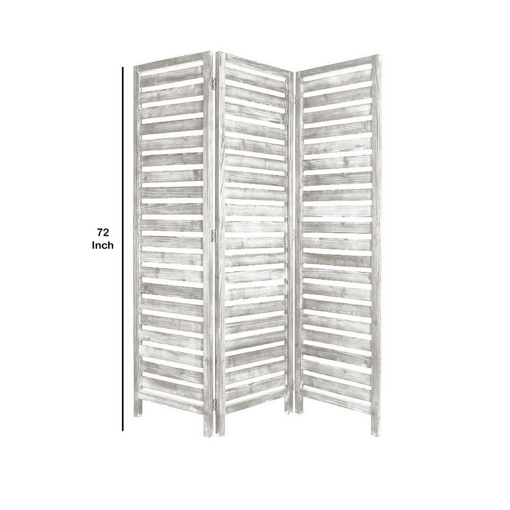 3 Panel Foldable Wooden Screen with Slatted Design, Weatherd White - BM233451