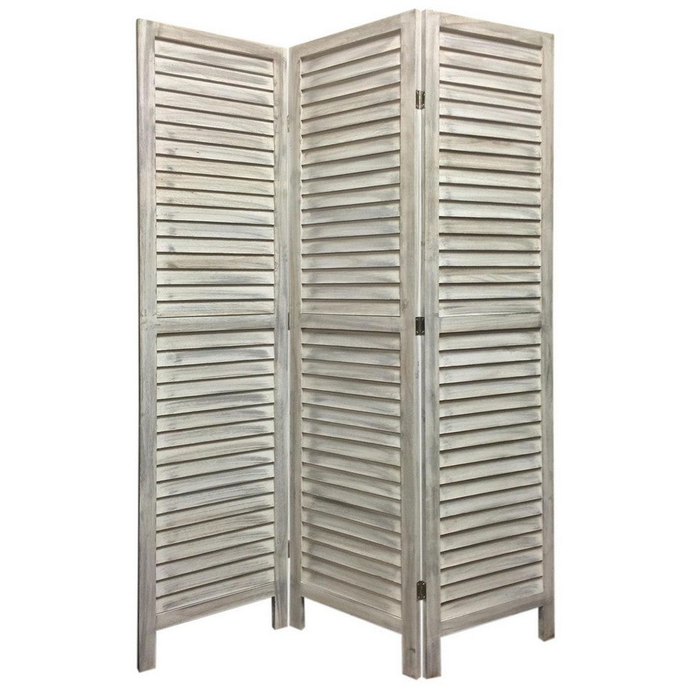 67 Inch 3 Panel Shutter Screen with Fitted Slats, Weathered White - BM233452