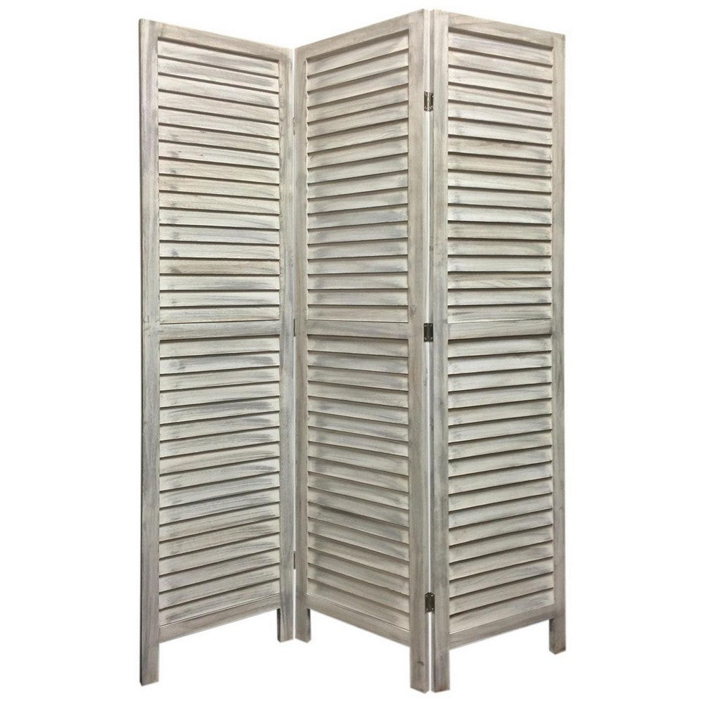 67 Inch 3 Panel Shutter Screen with Fitted Slats, Weathered White - BM233452