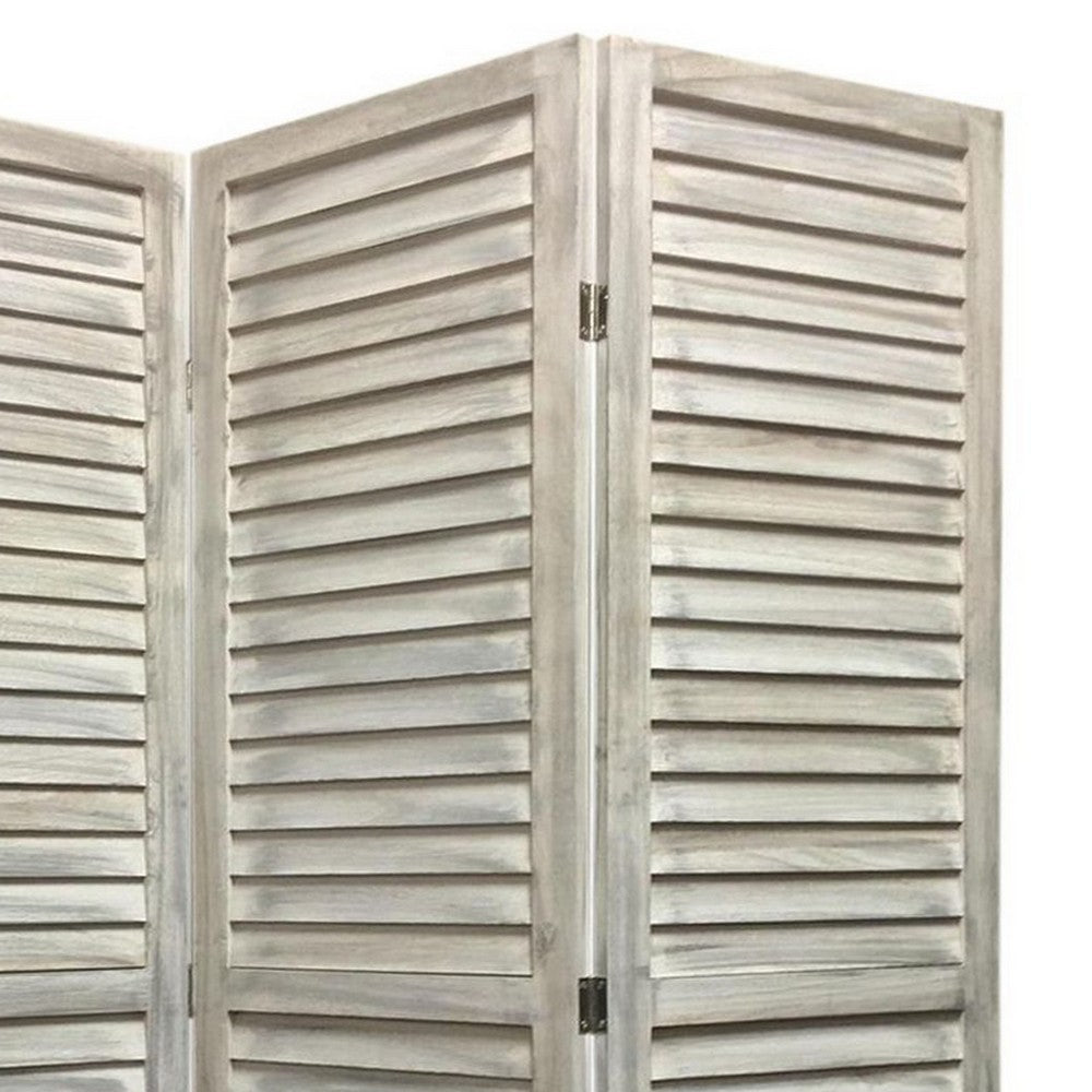 67 Inch 3 Panel Shutter Screen with Fitted Slats, Weathered White - BM233452