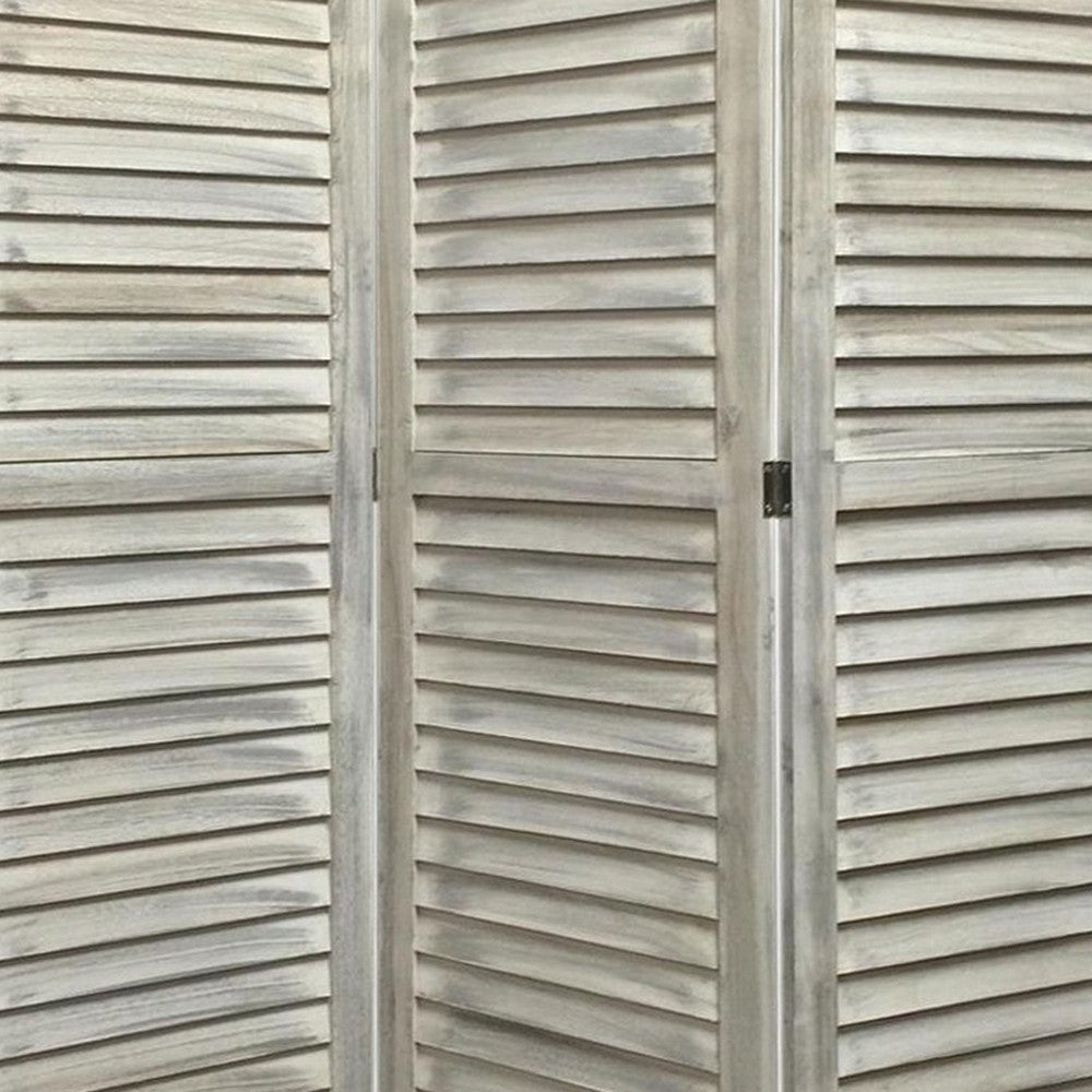 67 Inch 3 Panel Shutter Screen with Fitted Slats, Weathered White - BM233452