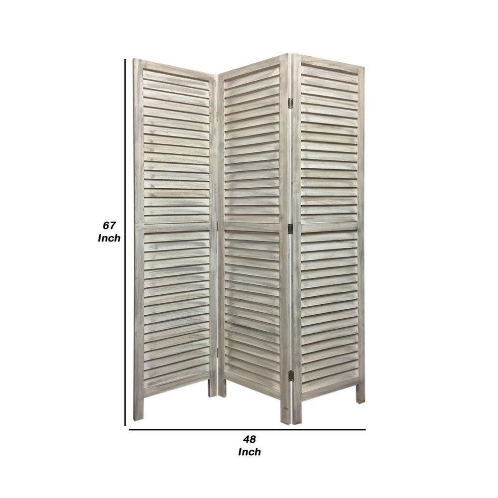 67 Inch 3 Panel Shutter Screen with Fitted Slats, Weathered White - BM233452