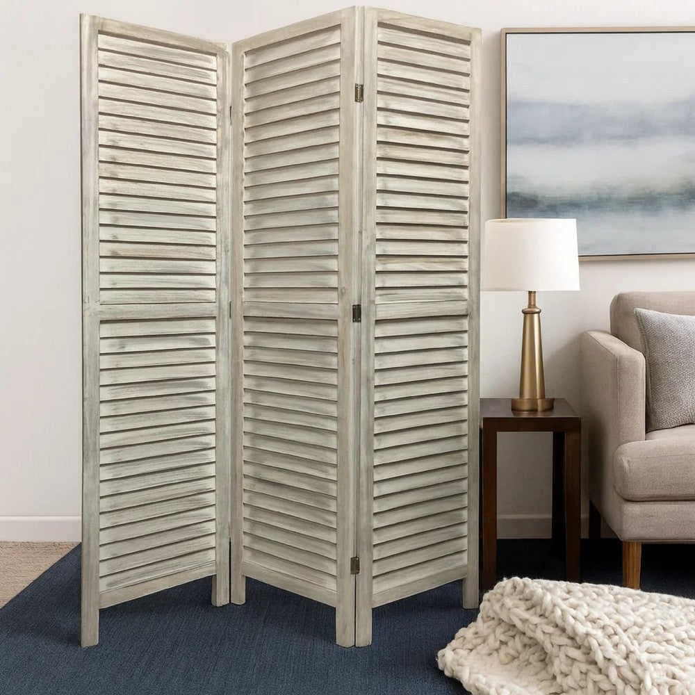 67 Inch 3 Panel Shutter Screen with Fitted Slats, Weathered White - BM233452