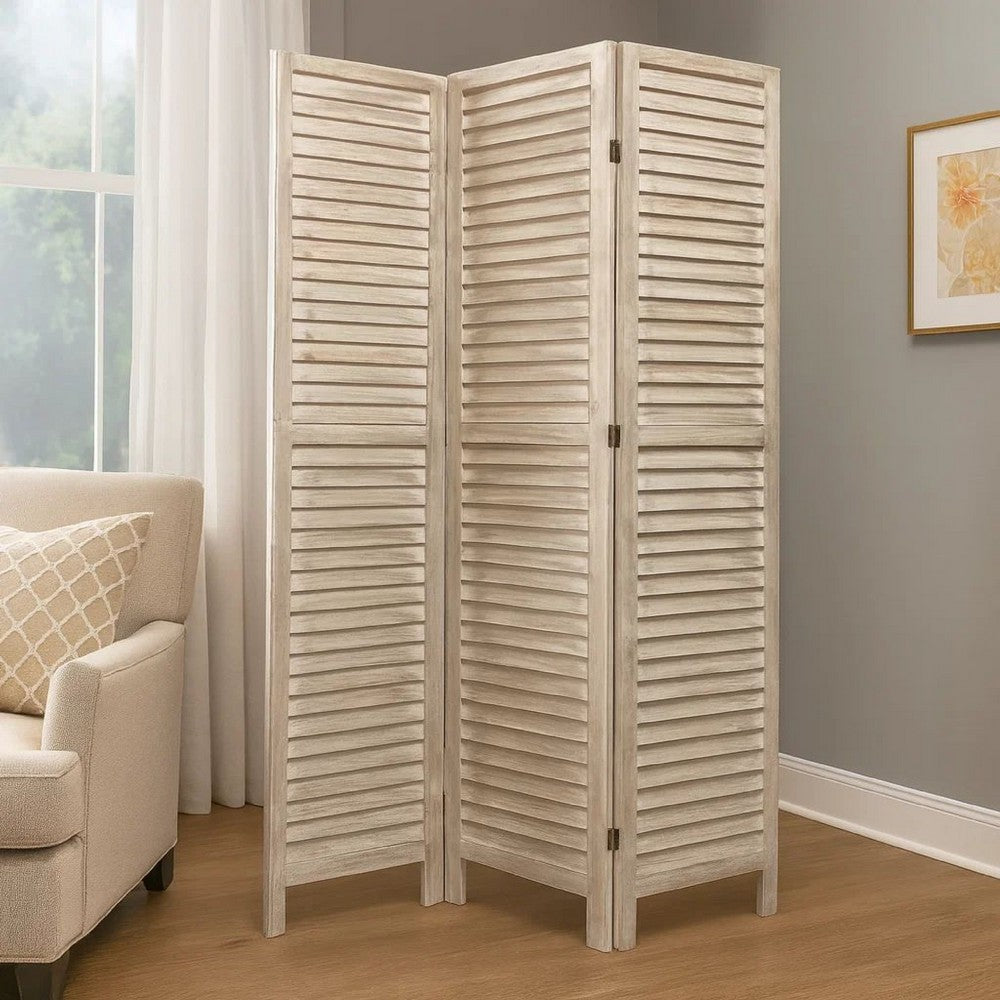 67 Inch 3 Panel Shutter Screen with Fitted Slats, Weathered White - BM233452