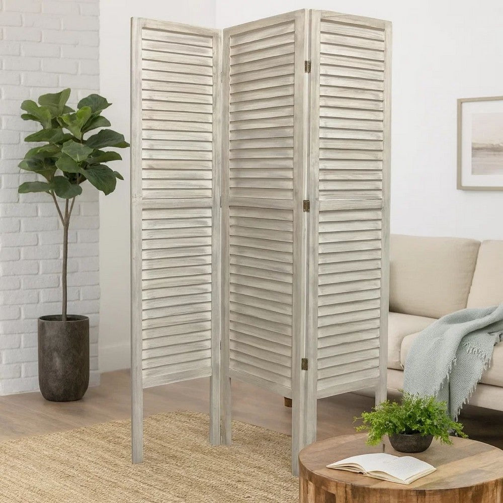 67 Inch 3 Panel Shutter Screen with Fitted Slats, Weathered White - BM233452