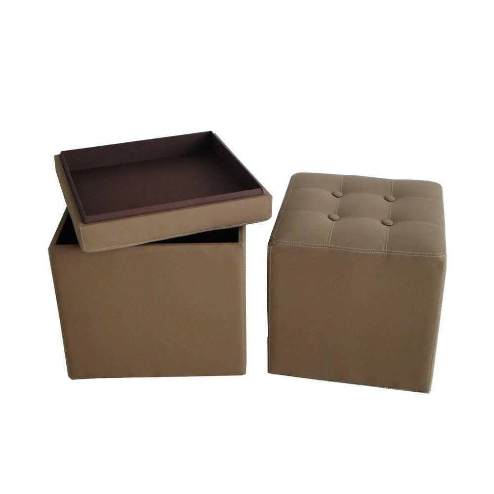 Fabric Covered Storage Ottoman with Button Tufted Lift Top, Set of 2, Brown - BM233458