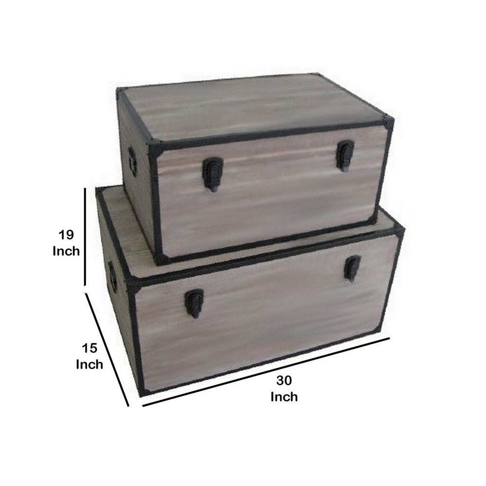 Distressed Wood Rectangular Trunk with Metal Frame Support, Set of 2, Gray - BM233461