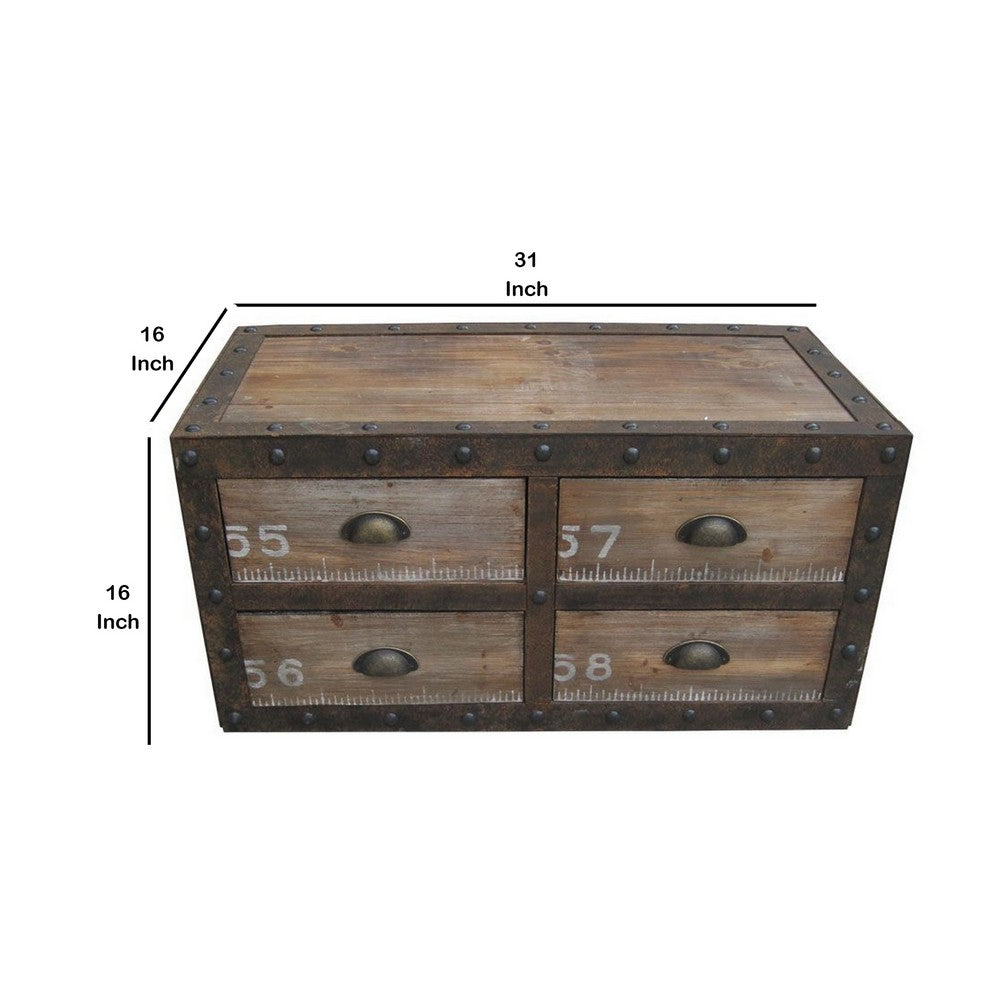 Rustic Style Wood and Metal 4 Drawer Trunk Chest with Rivet Details, Brown - BM233462