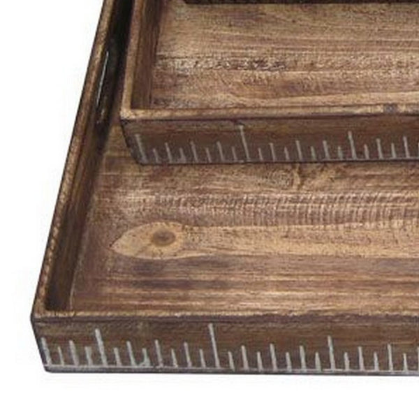 Rough Sawn Textured Rectangular Wooden Ruler Tray, Set of 3, Brown - BM233465