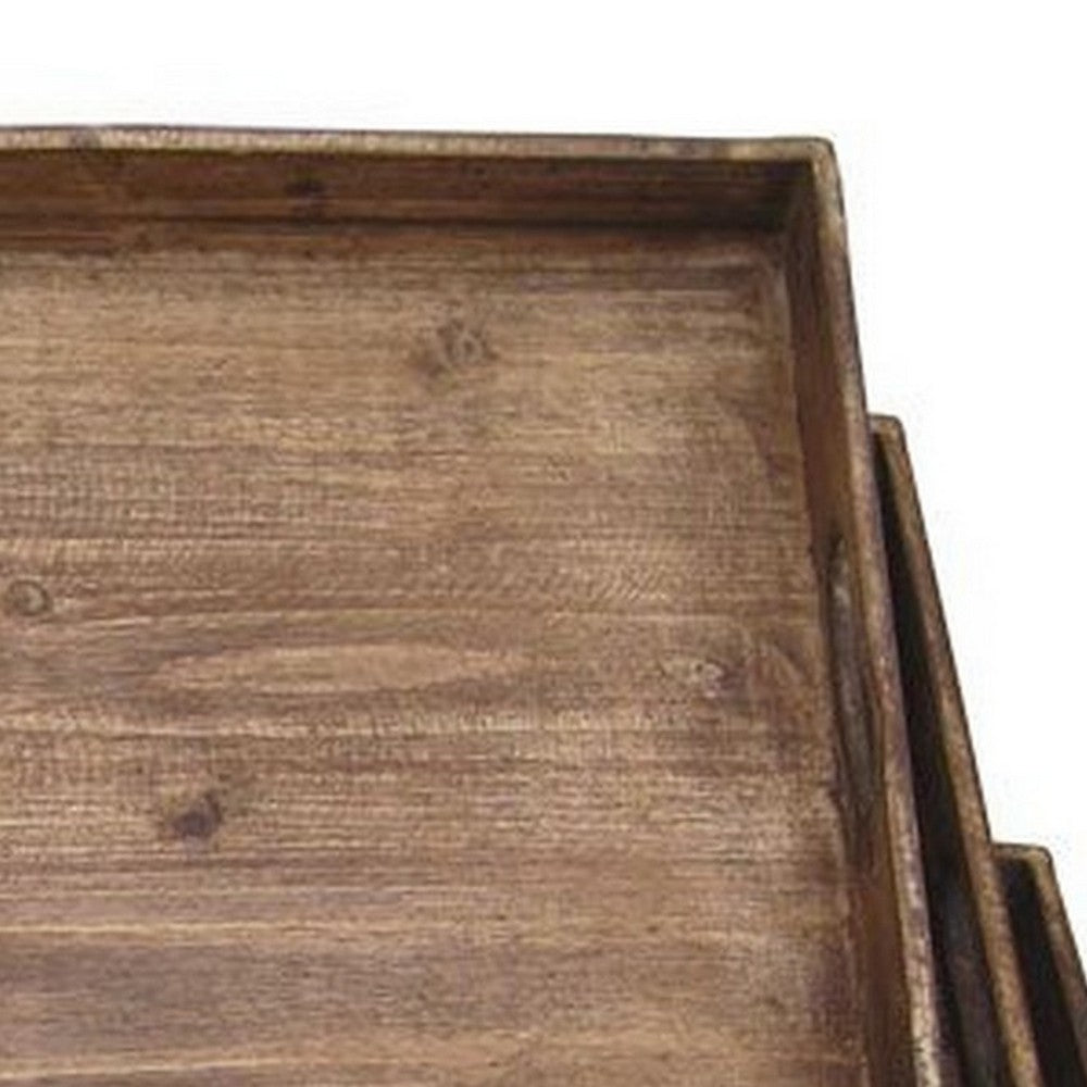 Rough Sawn Textured Rectangular Wooden Ruler Tray, Set of 3, Brown - BM233465