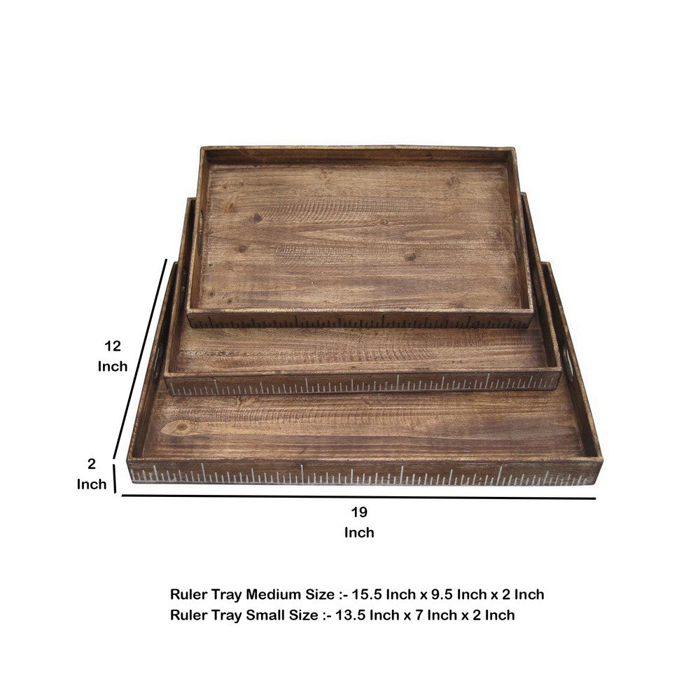 Rough Sawn Textured Rectangular Wooden Ruler Tray, Set of 3, Brown - BM233465