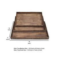 Rough Sawn Textured Rectangular Wooden Ruler Tray, Set of 3, Brown - BM233465