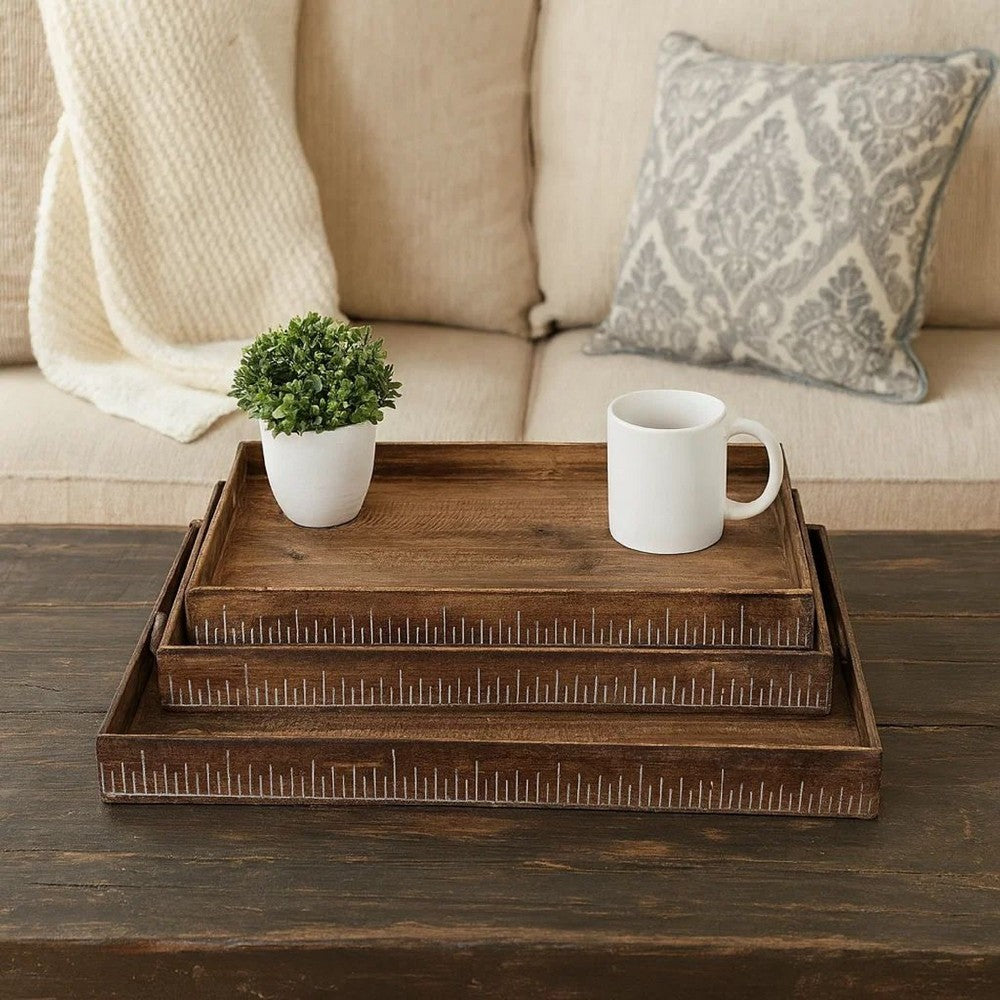 Rough Sawn Textured Rectangular Wooden Ruler Tray, Set of 3, Brown - BM233465