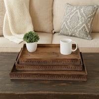 Rough Sawn Textured Rectangular Wooden Ruler Tray, Set of 3, Brown - BM233465