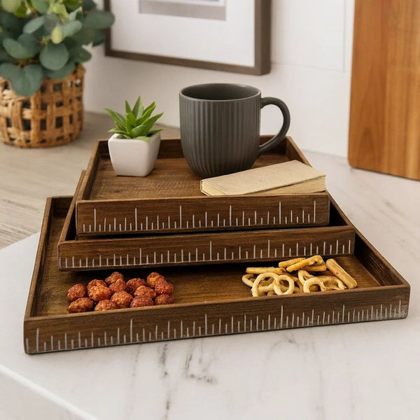 Rough Sawn Textured Rectangular Wooden Ruler Tray, Set of 3, Brown - BM233465