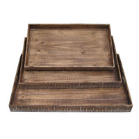 Rough Sawn Textured Rectangular Wooden Ruler Tray, Set of 3, Brown - BM233465