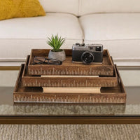 Rough Sawn Textured Rectangular Wooden Ruler Tray, Set of 3, Brown - BM233465