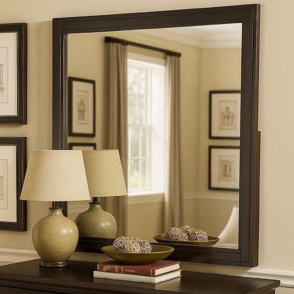38 Transitional Style Square Wooden Frame Mirror, Espresso - BM233753