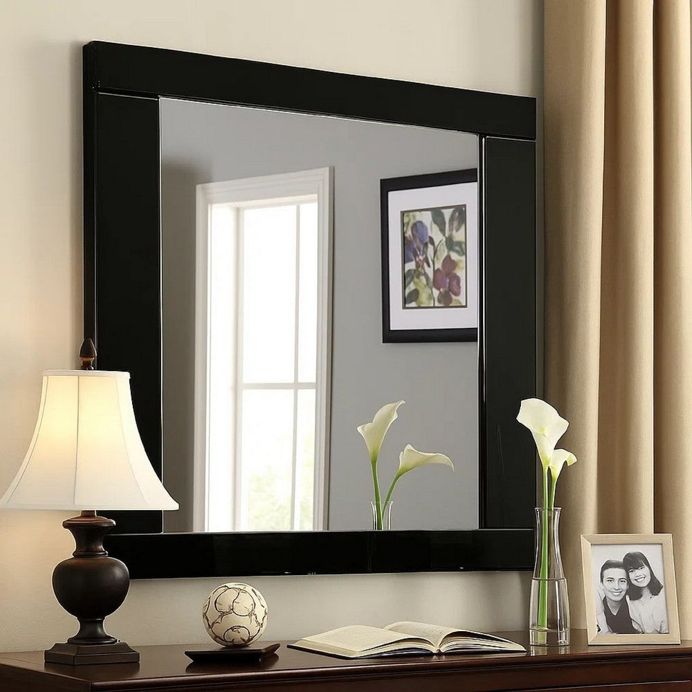 37 Inch Rectangular Mirror with Wooden Frame, Black - BM233769