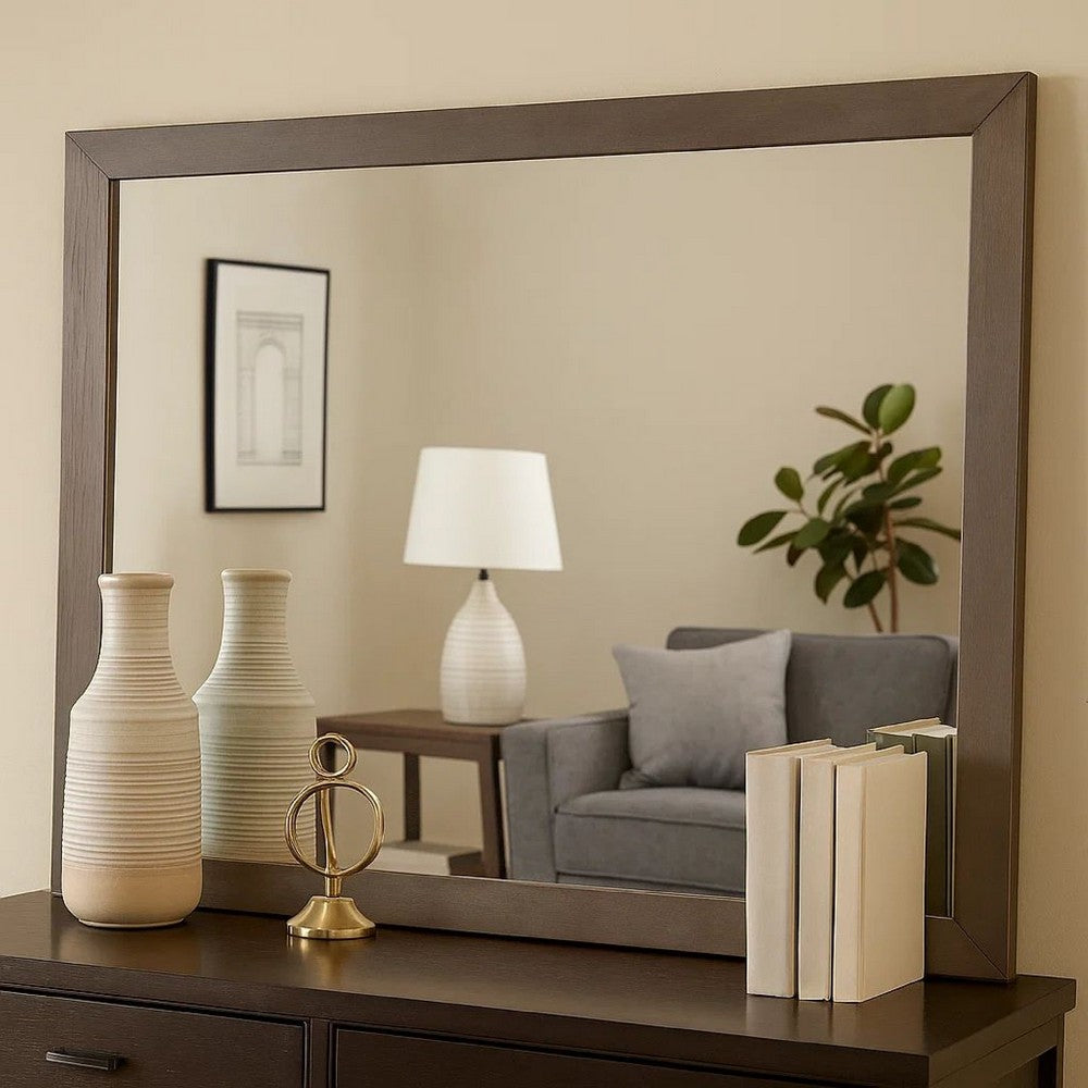 36 Inch Mirror with Rectangular Wooden Frame, Brown - BM233770