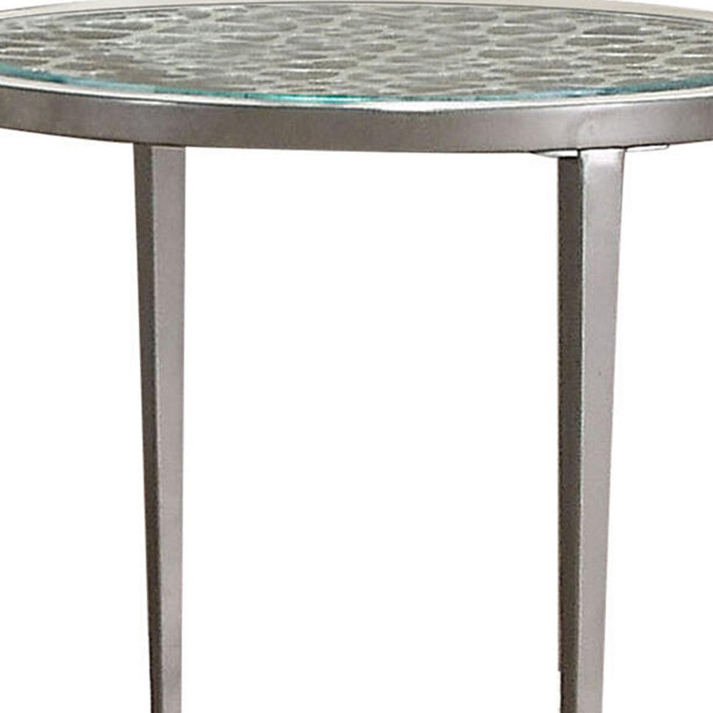 Round Glass Top Metal End Table with Sleek Tapered Legs, Silver - BM233781