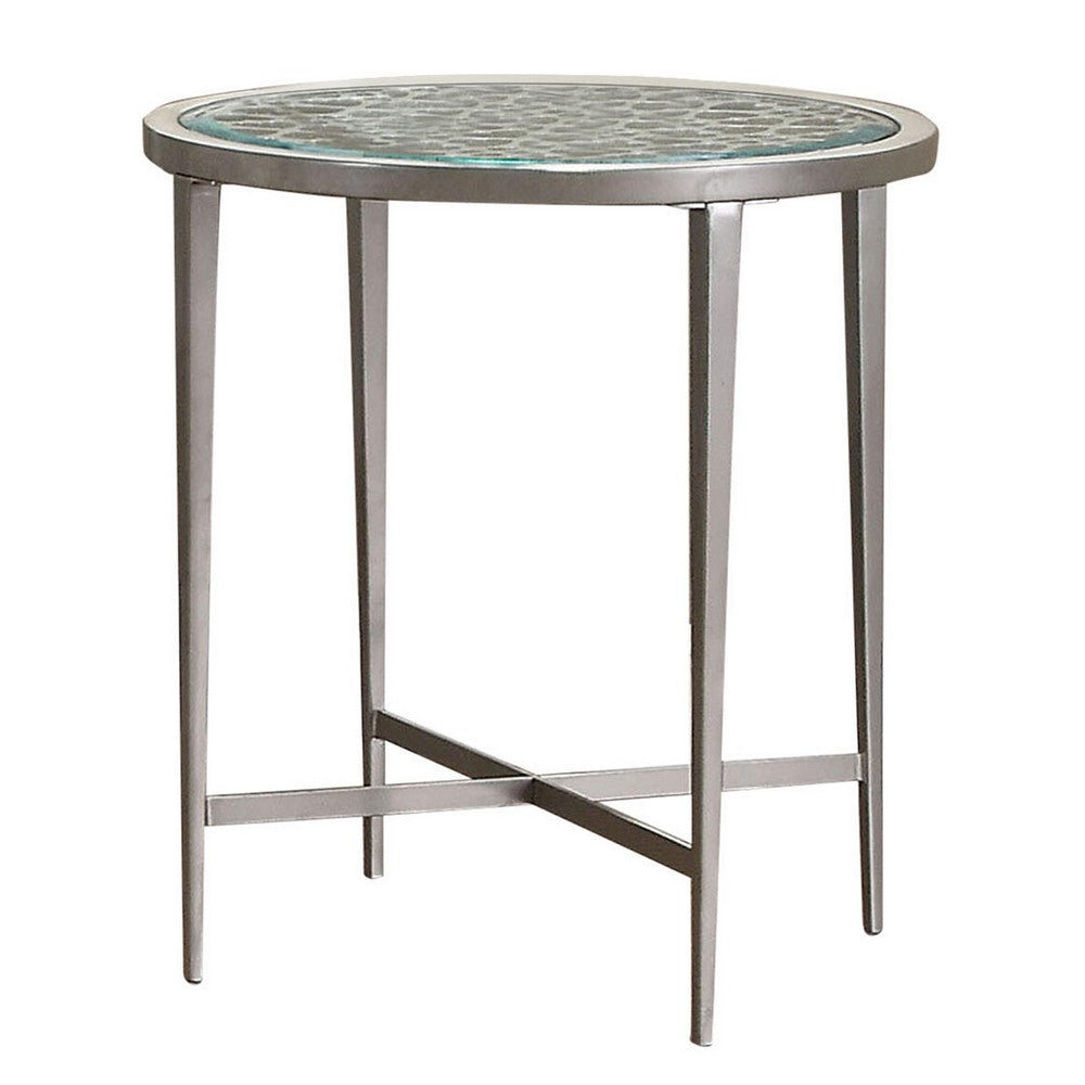 Round Glass Top Metal End Table with Sleek Tapered Legs, Silver - BM233781