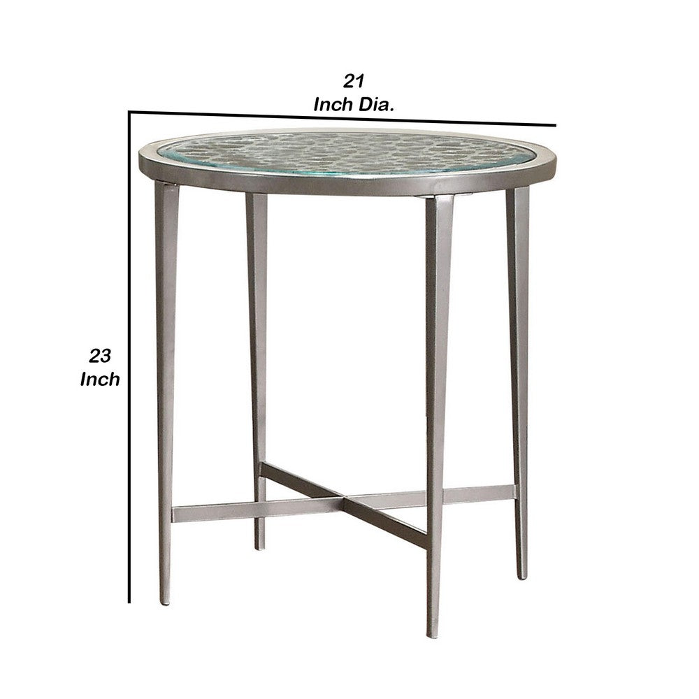 Round Glass Top Metal End Table with Sleek Tapered Legs, Silver - BM233781
