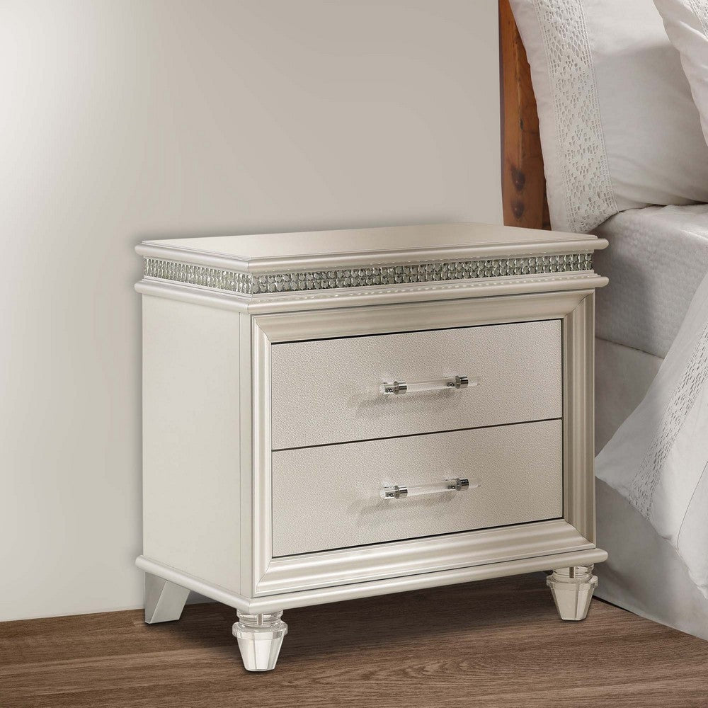 2 Drawer Nightstand with Acrylic Feet and Crystal Accents, Silver - BM233784