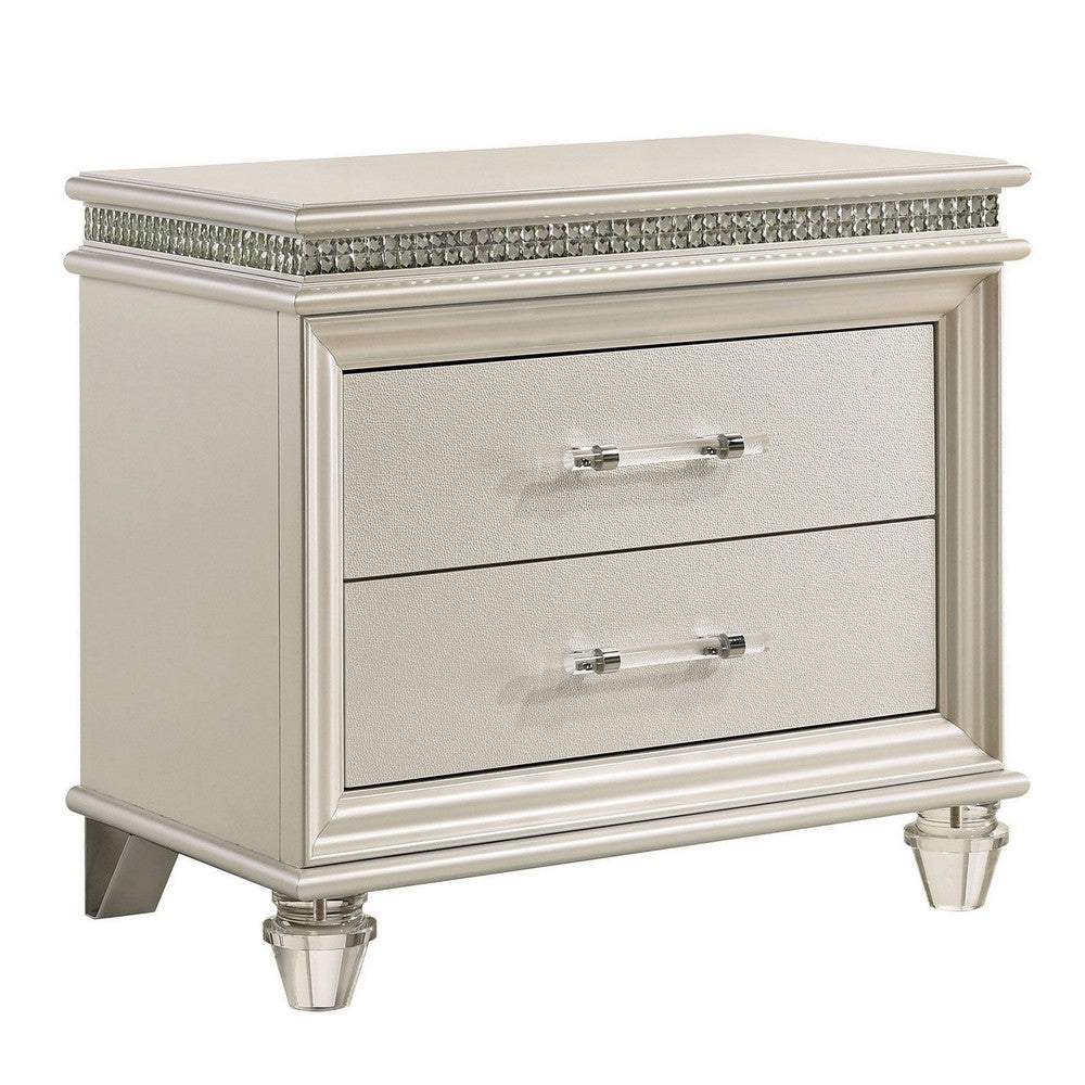 2 Drawer Nightstand with Acrylic Feet and Crystal Accents, Silver - BM233784