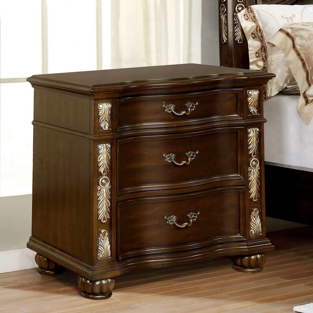 3 Drawer Wooden Nightstand with Decorative Accent and USB Plugin, Brown - BM233789