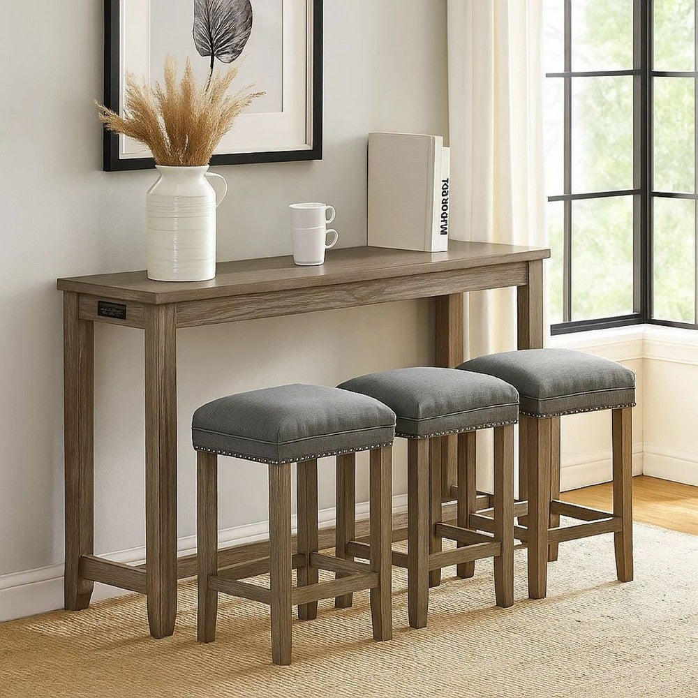 4 Piece Wooden Counter Height Table with Fabric Padded Stool, Brown - BM233803