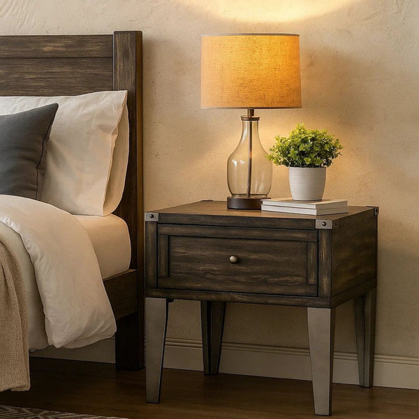 1 Drawer Wooden End Table with Metal Angled Legs, Brown - BM233853