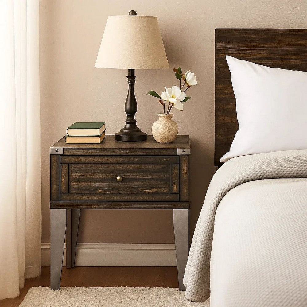 1 Drawer Wooden End Table with Metal Angled Legs, Brown - BM233853