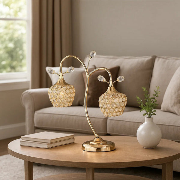 Floral Tree Design Metal Table Lamp with Dome Shade and Crystals, Gold - BM233923