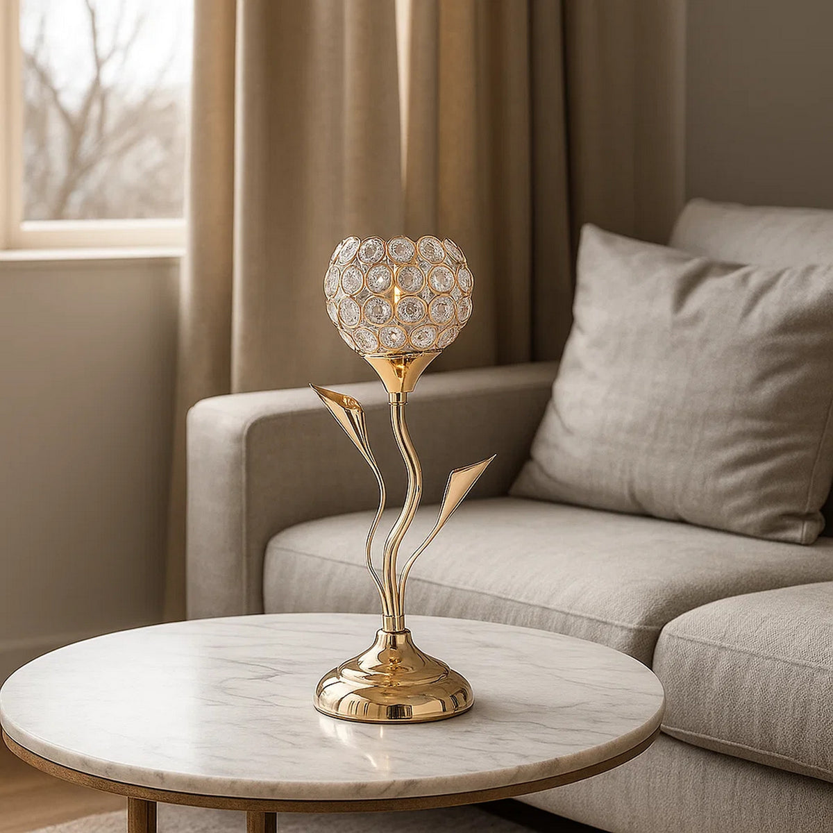 Metal Table Lamp with Floral Shade and Acrylic Crystals, Gold - BM233924