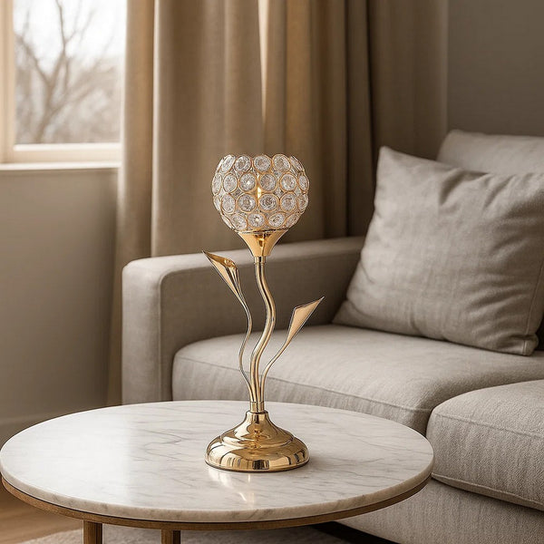 Metal Table Lamp with Floral Shade and Acrylic Crystals, Gold - BM233924