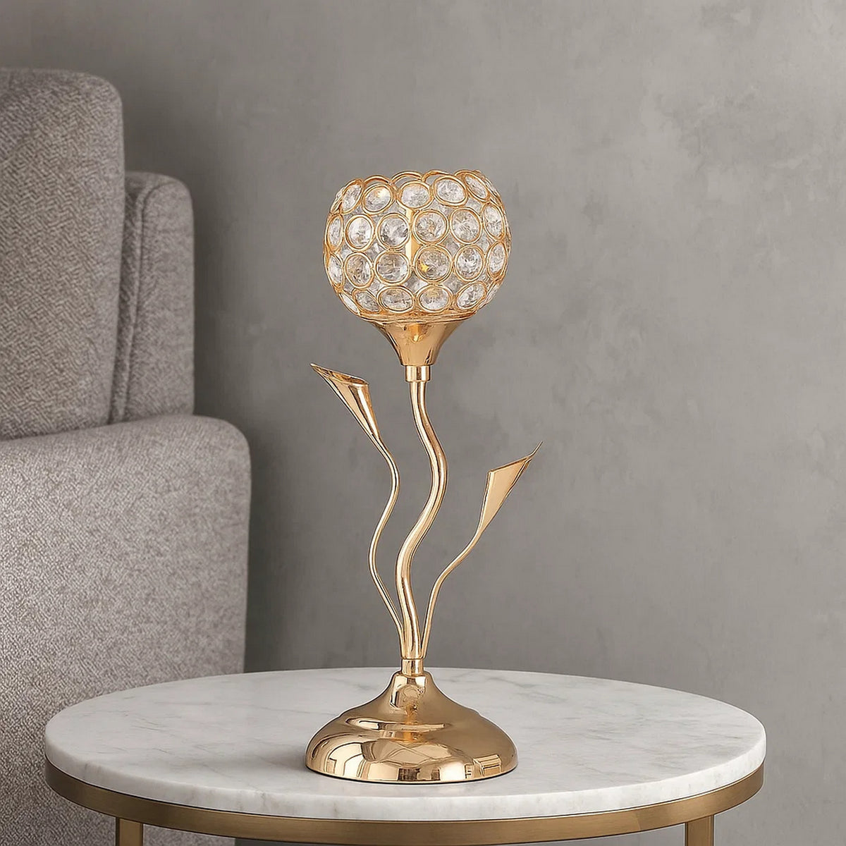 Metal Table Lamp with Floral Shade and Acrylic Crystals, Gold - BM233924