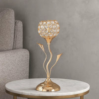Metal Table Lamp with Floral Shade and Acrylic Crystals, Gold - BM233924