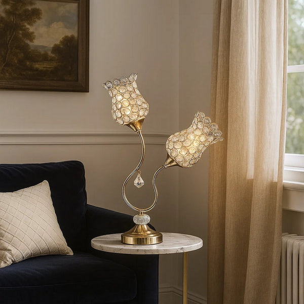 Metal Table Lamp with Floral Trumpet Shade and Crystal Accents, Gold - BM233925