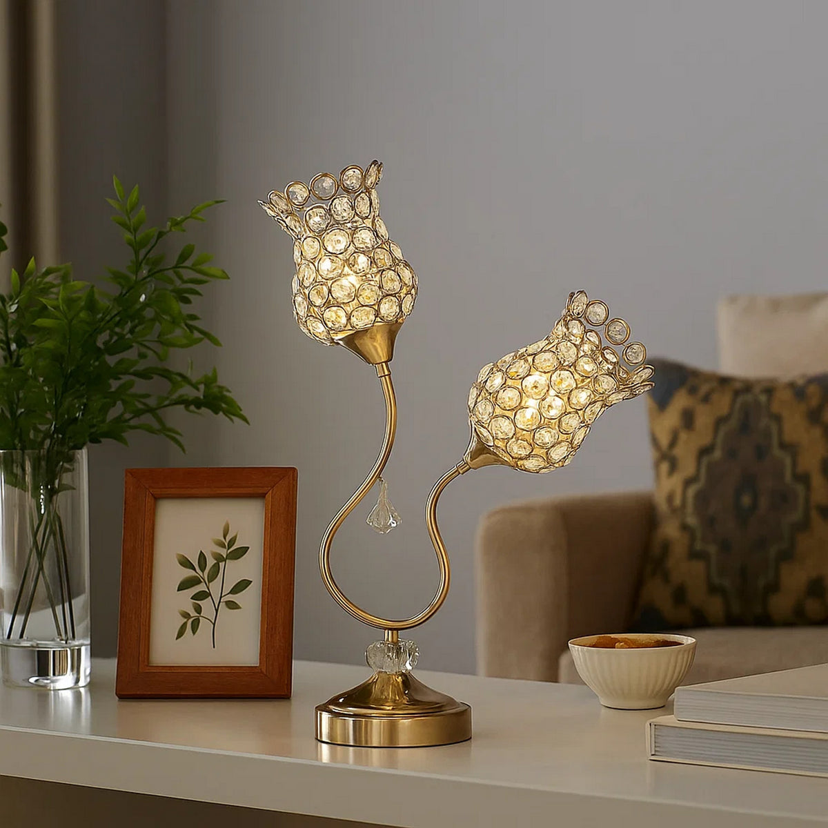 Metal Table Lamp with Floral Trumpet Shade and Crystal Accents, Gold - BM233925