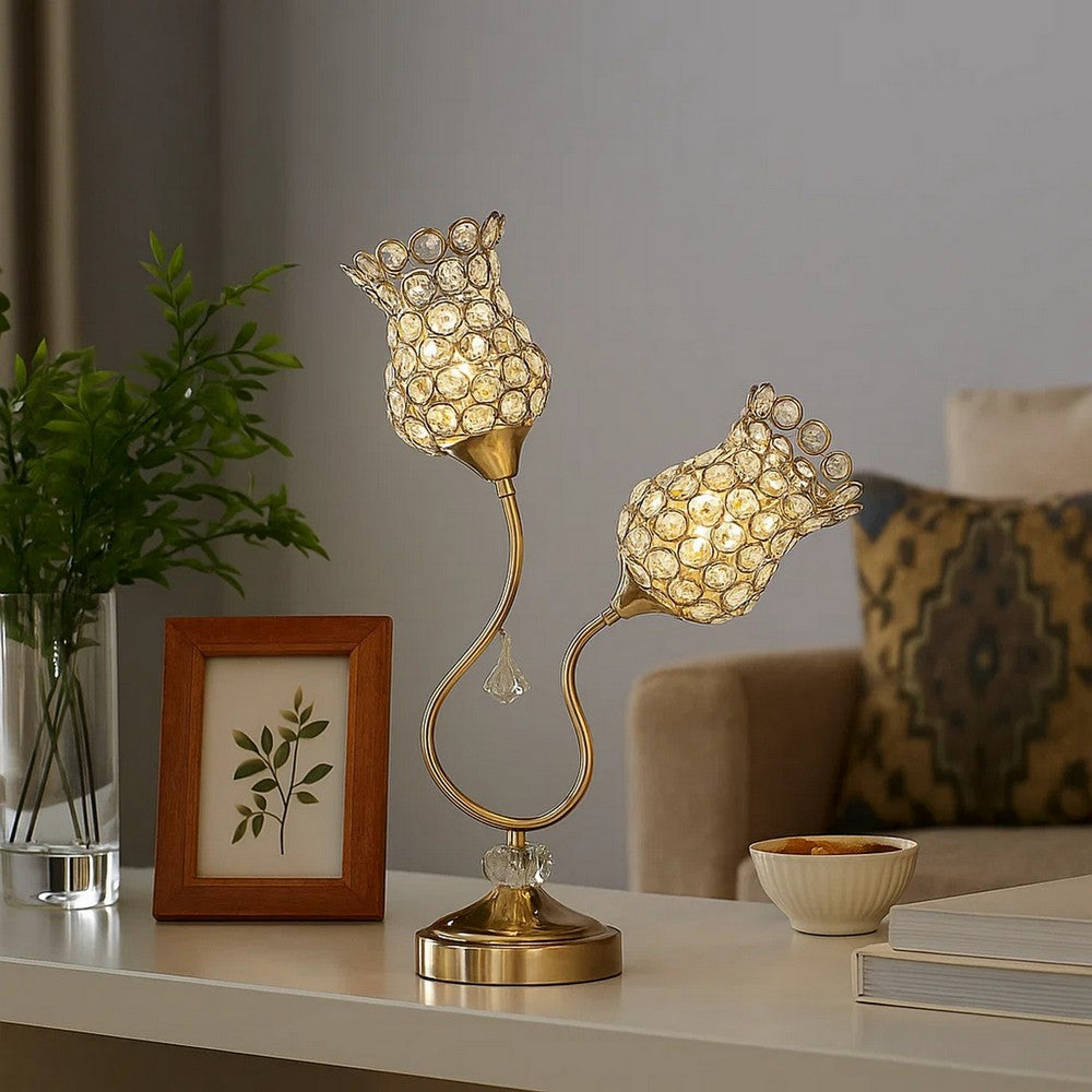 Metal Table Lamp with Floral Trumpet Shade and Crystal Accents, Gold - BM233925