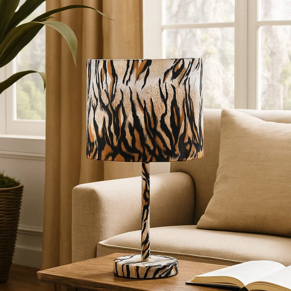 Fabric Wrapped Table Lamp with Striped Animal Print, Brown and Black - BM233928