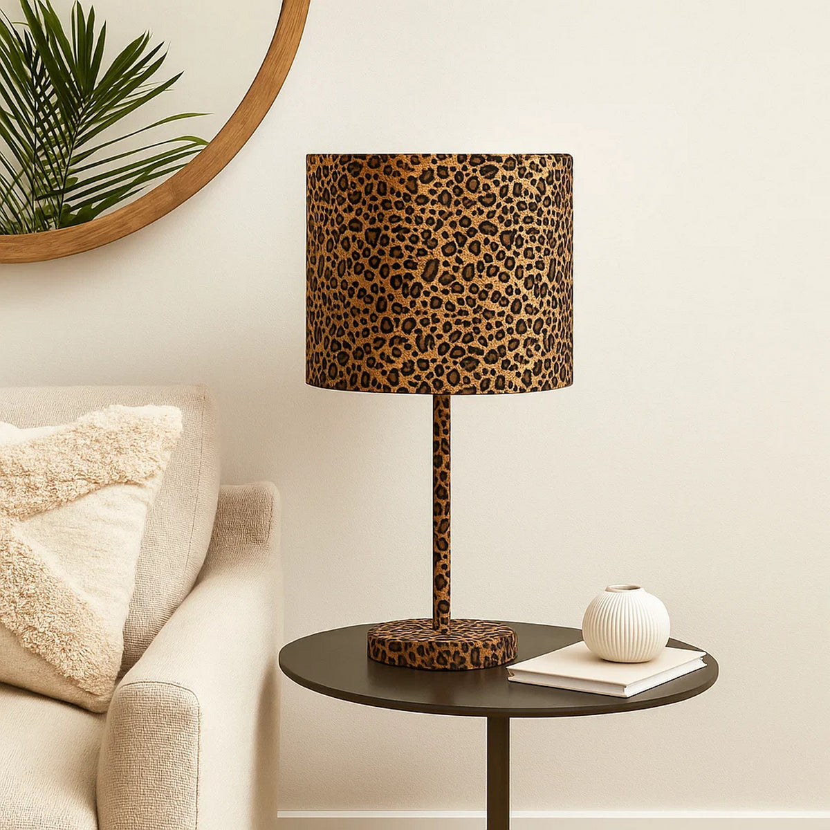 Fabric Wrapped Table Lamp with Dotted Animal Print, Brown and Black - BM233930
