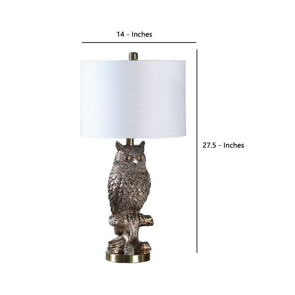 Polyresin Sitting Owl Design Table Lamp with Round Base, Silver - BM233933