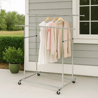 Dual Bar Tubular Metal Frame Garment Rack with Casters, Chrome - BM233941