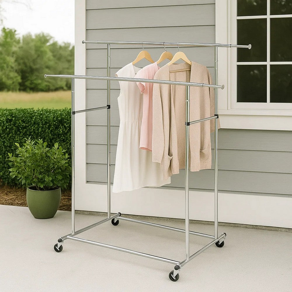 Dual Bar Tubular Metal Frame Garment Rack with Casters, Chrome - BM233941