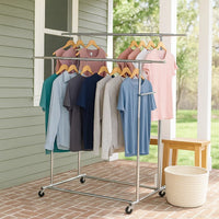 Dual Bar Tubular Metal Frame Garment Rack with Casters, Chrome - BM233941