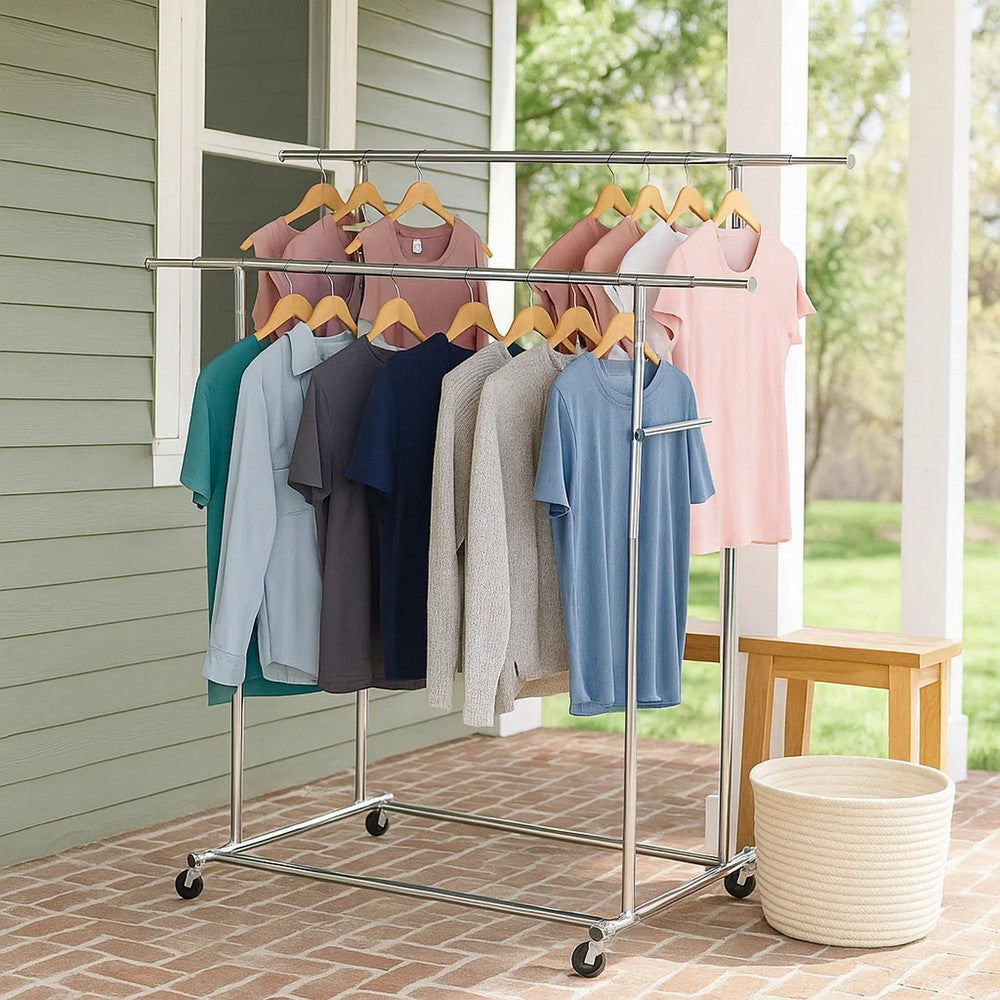 Dual Bar Tubular Metal Frame Garment Rack with Casters, Chrome - BM233941